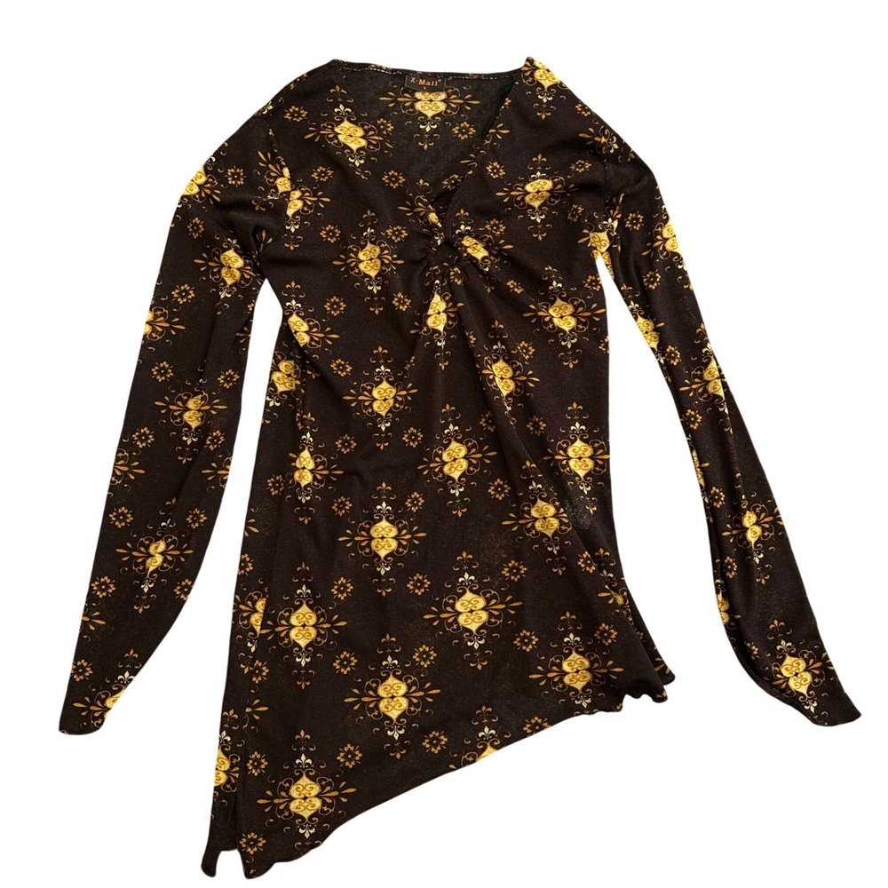 X-Mail Brown Gold Damask Twist Front Long Sleeve Top Small Fleur De Lis Print